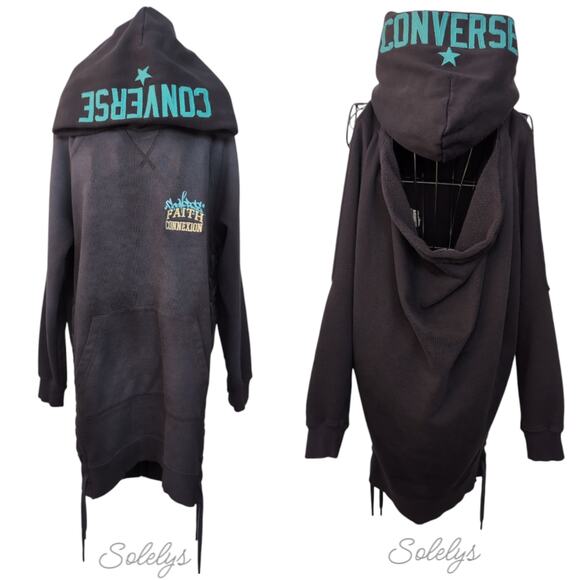 Converse x Faith Connexion Sun Washed Dark Navy Oversized Laced Draped Hoodie - Picture 1 of 11